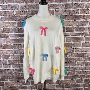 Boutique NWT Glam Cream Multicolor Bow‎ Knit Crewneck Sweater Size L Oversized